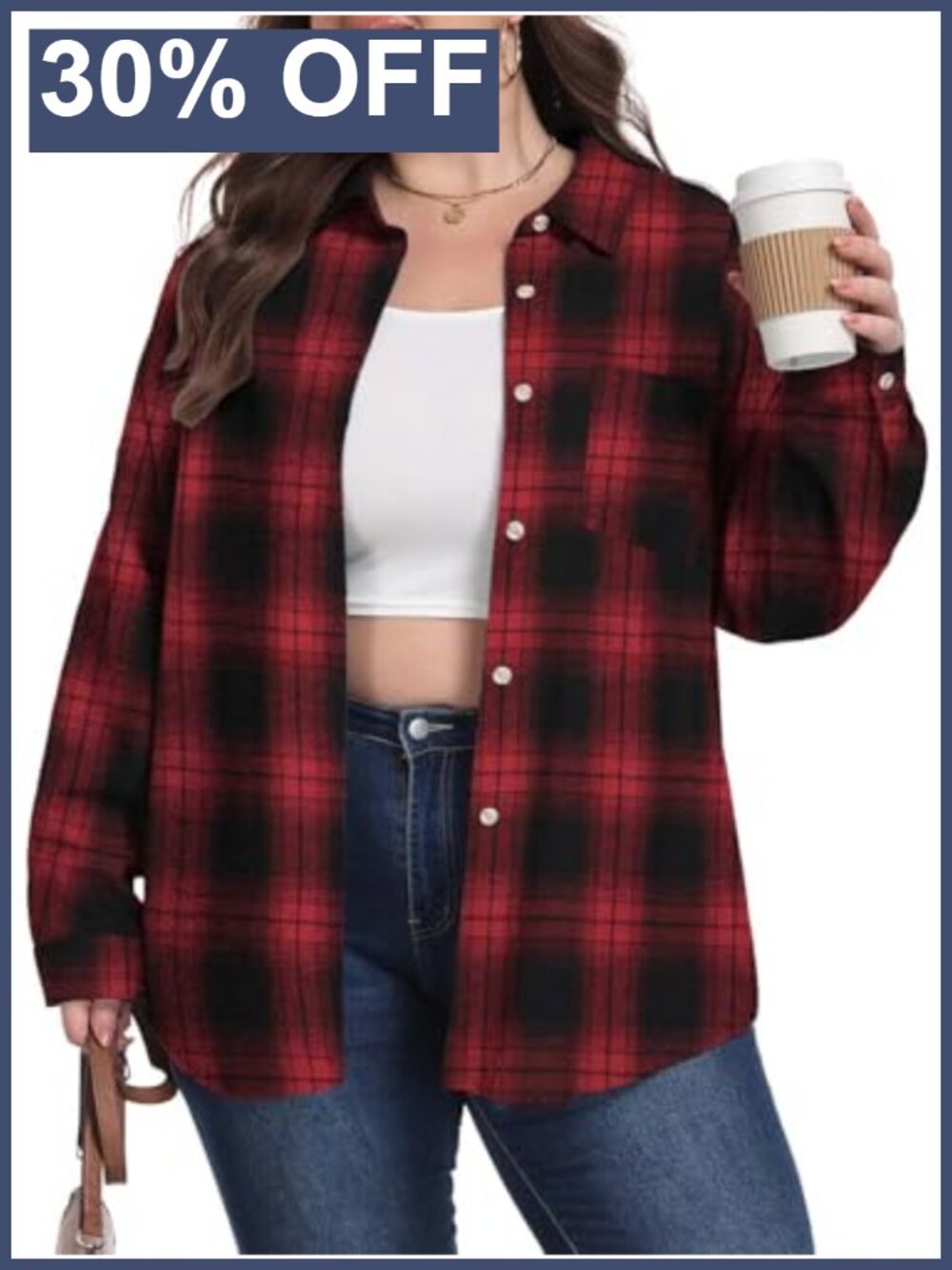 Plus Size Flannel Plaid Button Down Shirt Cotton Blend Relaxed Fit